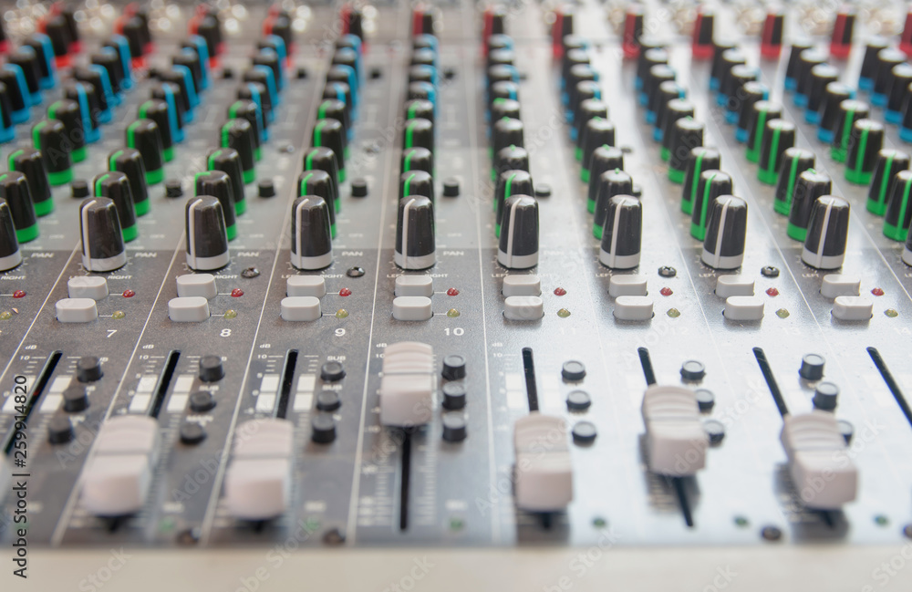 Fototapeta premium Audio sound mixer control panel. Sound console buttons for adjust the volume