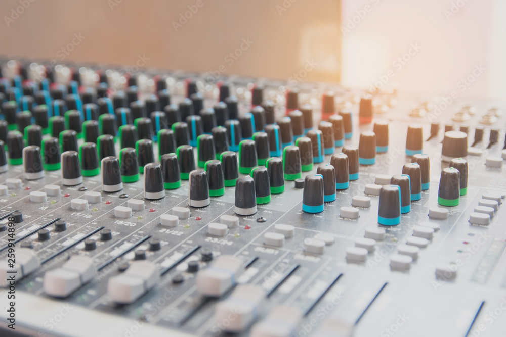 Fototapeta premium Audio sound mixer control panel. Sound console buttons for adjust the volume