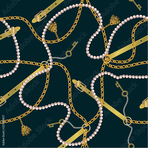 Seamless pattern with belts, chain, braid, Golden Key and pearls. Baroque print. Background for fabric design