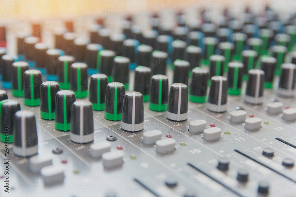 Audio sound mixer control panel. Sound console buttons for adjust the volume Audio sound mixer control panel. Sound console buttons for adjust the volume