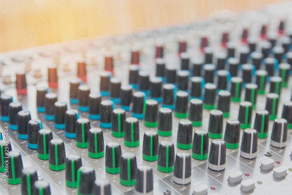 Fototapeta premium Audio sound mixer control panel. Sound console buttons for adjust the volume