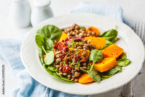 Vegan salad with lentils  pumpkin and dried tomatoes in white plate.
