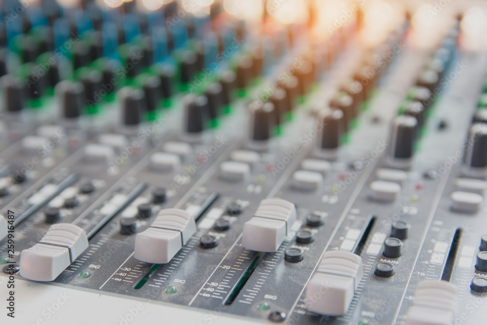 Audio sound mixer control panel. Sound console buttons for adjust the volume Audio sound mixer control panel. Sound console buttons for adjust the volume