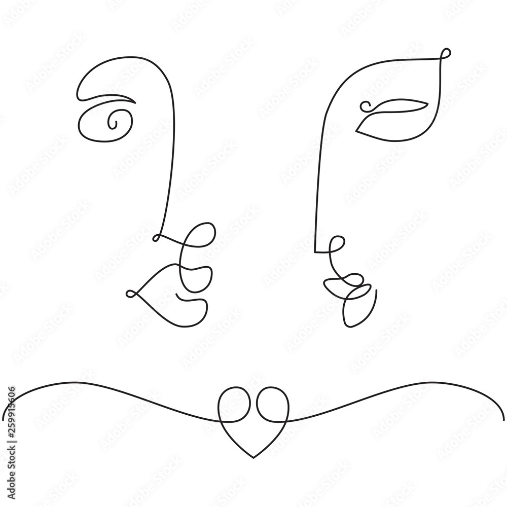 Man and woman faces in one line drawing style. Man and woman faces in one line drawing style.