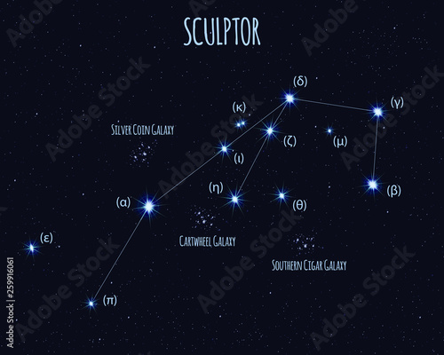Sculptor constellation, vector illustration with basic stars against the starry sky 