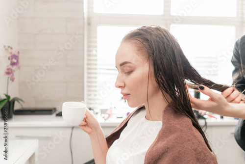 Young woman and hairdresser with fan making hot styling at hair salon