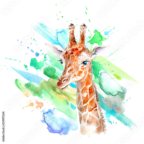 Yellow giraffe portrait and color blotch.Watercolor hand drawn illustration.White background.African animals illustration.