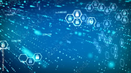 Wallpaper Mural 3D Floating pad lock and hexagon shape with random digit number in the dark background for network security concept with dark and grain processed Torontodigital.ca