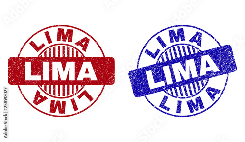 Grunge LIMA round stamp seals isolated on a white background. Round seals with grunge texture in red and blue colors. Vector rubber watermark of LIMA caption inside circle form with stripes.