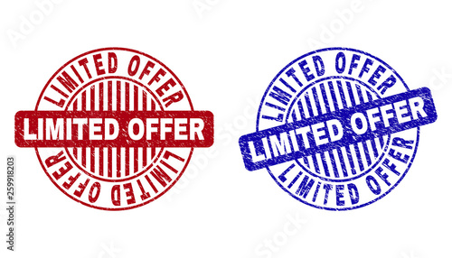 Grunge LIMITED OFFER round stamp seals isolated on a white background. Round seals with grunge texture in red and blue colors.