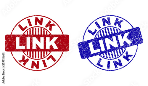 Grunge LINK round stamp seals isolated on a white background. Round seals with grunge texture in red and blue colors. Vector rubber imprint of LINK tag inside circle form with stripes.