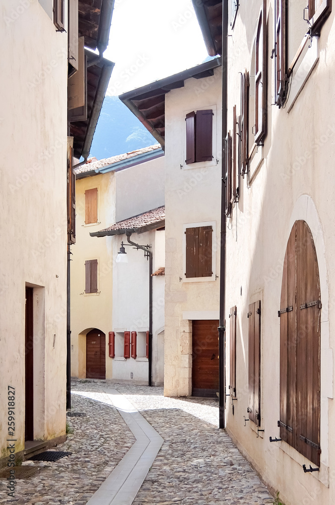 Venzone, Italy. Streets of Venzone, old town, located in the historic Friuli region.