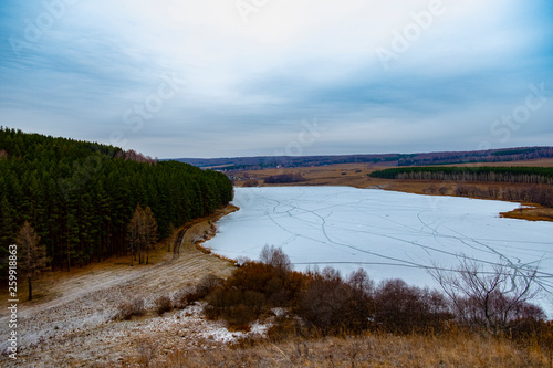 ice on the lake in autumn. the view from the top