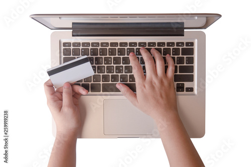 woman hand holding credit card and using laptop making online. payment online, online shopping  isolated on white background with clipping path
