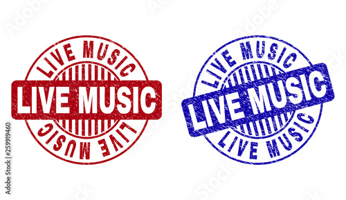 Grunge LIVE MUSIC round stamp seals isolated on a white background. Round seals with grunge texture in red and blue colors. Vector rubber overlay of LIVE MUSIC title inside circle form with stripes.