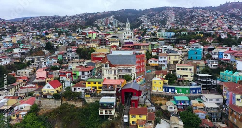 Aerial drone Timelapse of colorful houses on the hills in Valparaiso, Chile