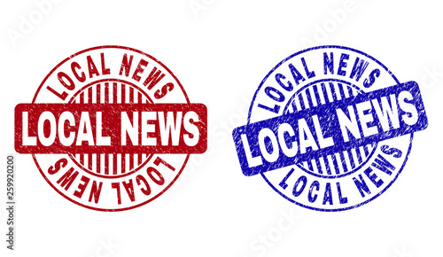 Grunge LOCAL NEWS round stamp seals isolated on a white background. Round seals with grunge texture in red and blue colors. Vector rubber watermark of LOCAL NEWS tag inside circle form with stripes.