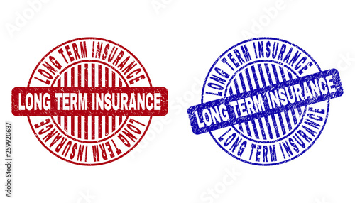 Grunge LONG TERM INSURANCE round stamp seals isolated on a white background. Round seals with grunge texture in red and blue colors.