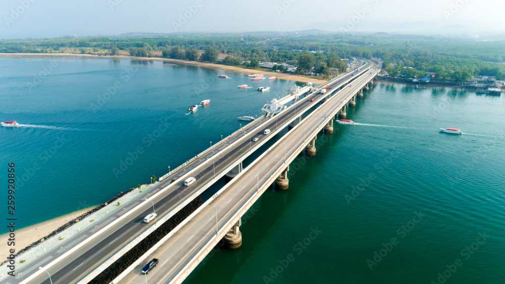 Aerial View Drone shot of sarasin bridge Phuket thailand image transportation background Aerial View Drone shot of sarasin bridge Phuket thailand image transportation background