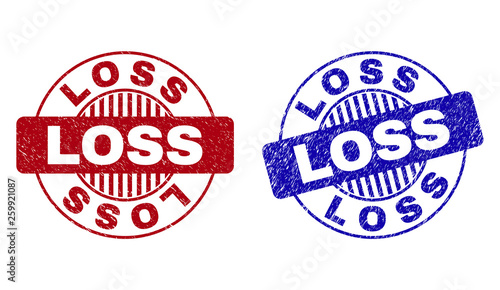 Grunge LOSS round stamp seals isolated on a white background. Round seals with grunge texture in red and blue colors. Vector rubber imprint of LOSS title inside circle form with stripes.