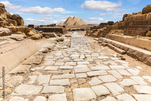 Giza Temple ruins and the road to the Great Pyramids, Egypt