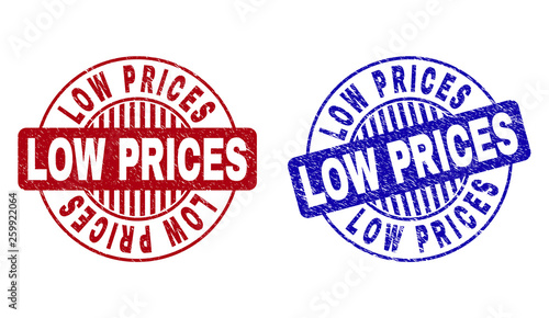 Grunge LOW PRICES round stamp seals isolated on a white background. Round seals with grunge texture in red and blue colors. Vector rubber imprint of LOW PRICES tag inside circle form with stripes.