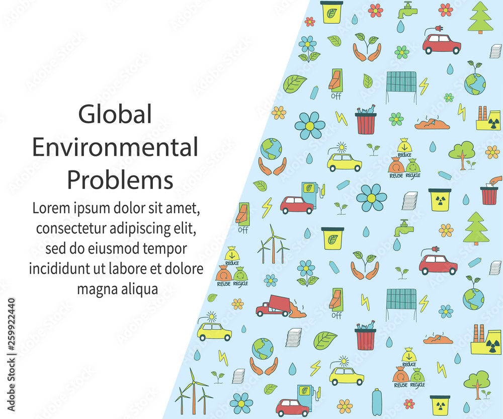Global environmental problems concept. Colorful banner with hand drawn symbols of the ecology pollution concept. Modern banner for web design