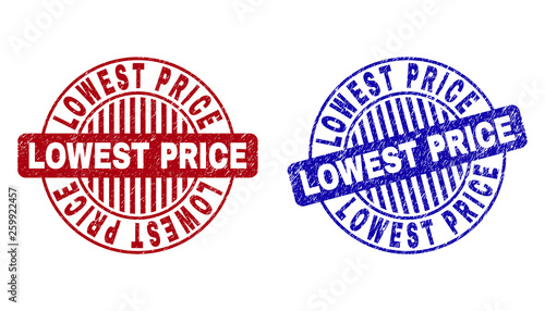 Grunge LOWEST PRICE round stamp seals isolated on a white background. Round seals with grunge texture in red and blue colors.
