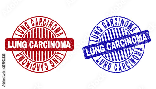 Grunge LUNG CARCINOMA round stamp seals isolated on a white background. Round seals with grunge texture in red and blue colors.