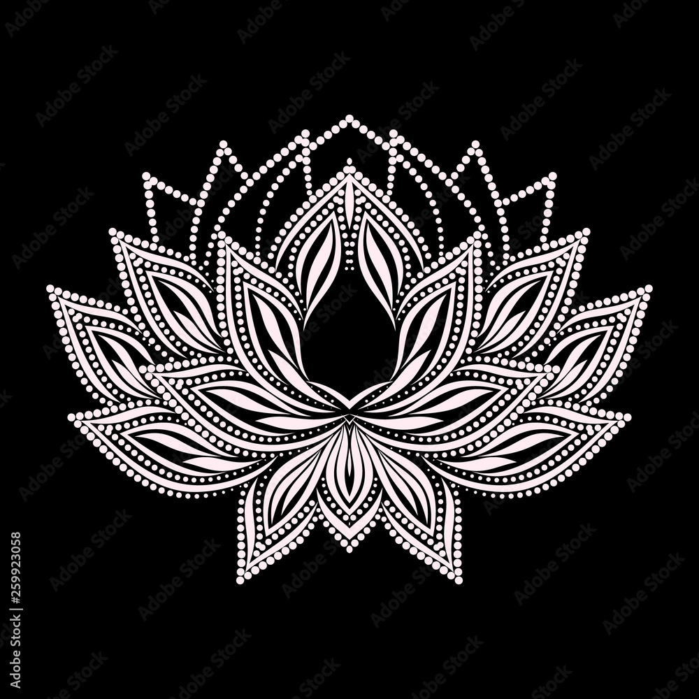 Fototapeta premium Lotus design. Black and white floral dot pattern. Vector print with decorative elements for embroidery, for women's clothing.