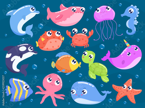 Cute cartoon sea animals vector illustration.