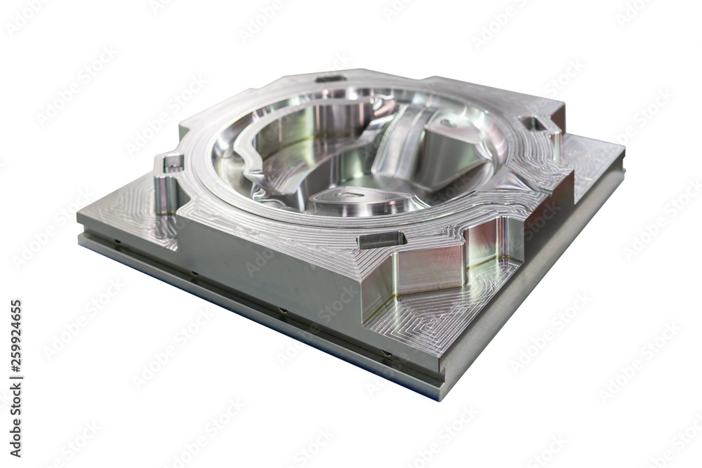 Mold or die machining part from manufacture by cnc machining center material made from steel isolated on white background Mold or die machining part from manufacture by cnc machining center material made from steel isolated on white background