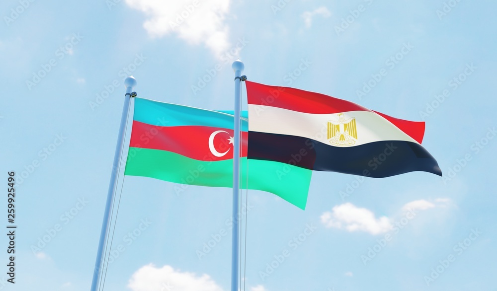 Egypt and Azerbaijan, two flags waving against blue sky. 3d image Egypt and Azerbaijan, two flags waving against blue sky. 3d image