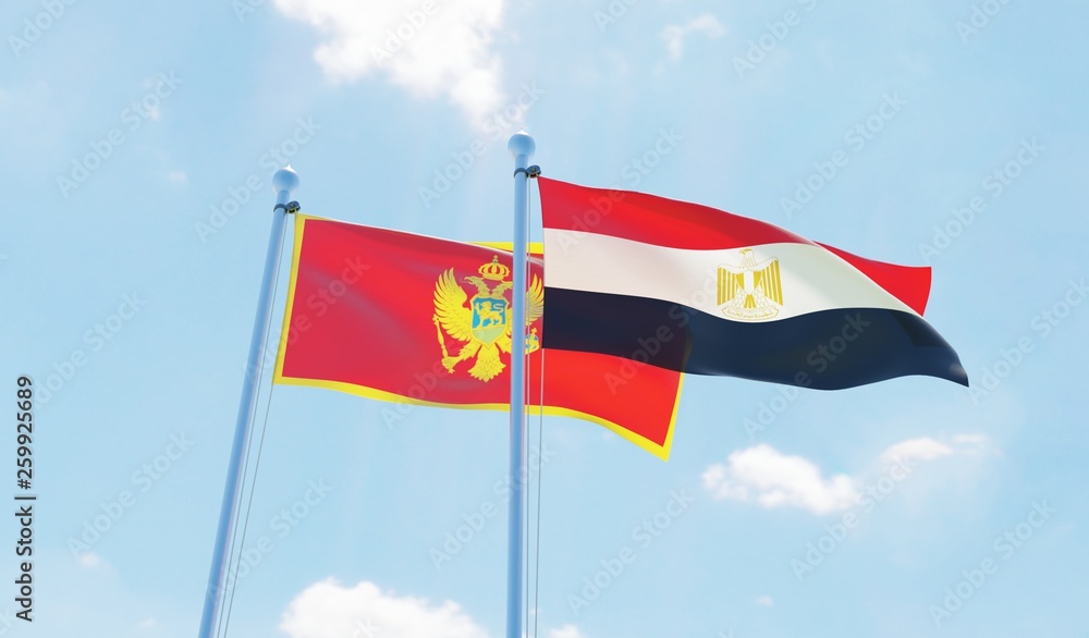 Egypt and Montenegro, two flags waving against blue sky. 3d image Egypt and Montenegro, two flags waving against blue sky. 3d image