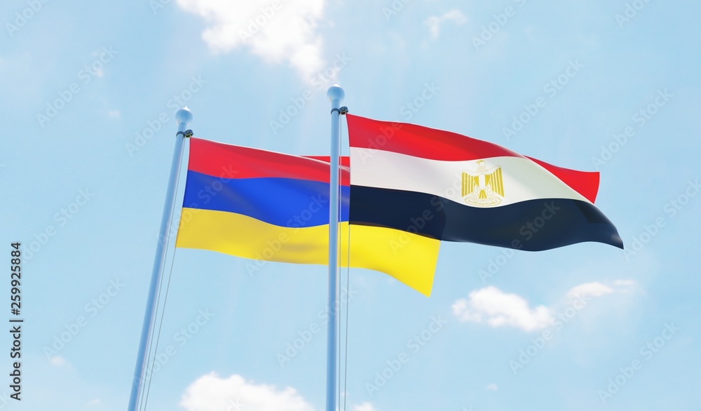 Egypt and Armenia, two flags waving against blue sky. 3d image Egypt and Armenia, two flags waving against blue sky. 3d image