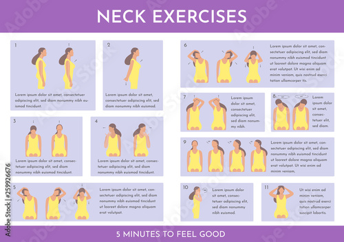 Vector colorful illustration set with neck exercises by girl. Creative concept. Violet and yellow colors