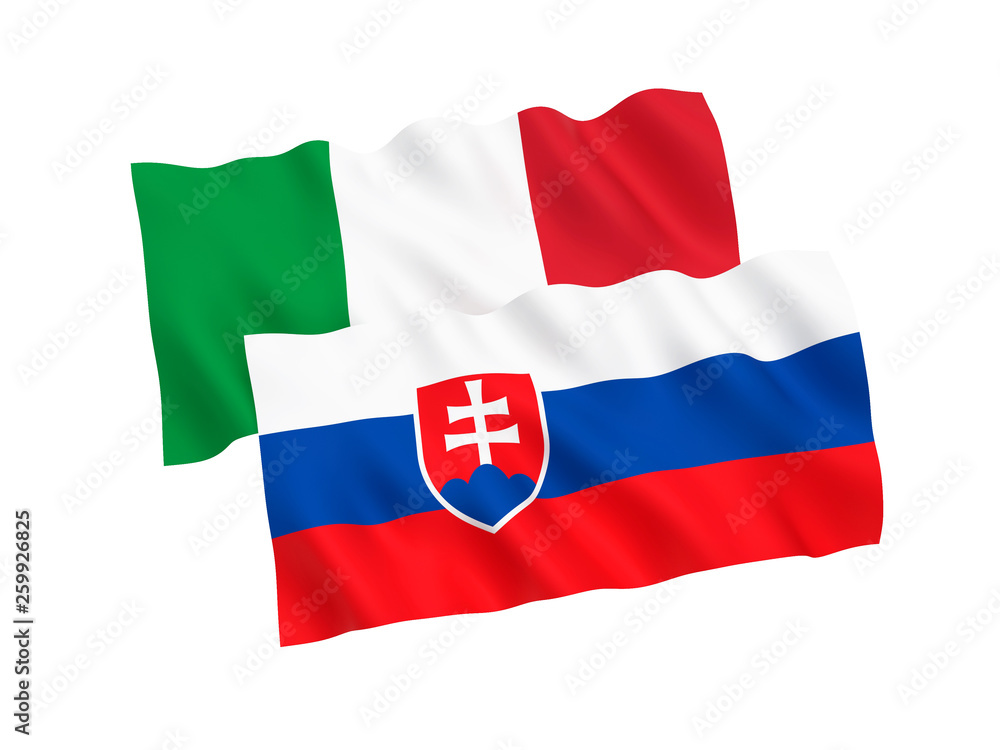 Fototapeta premium National fabric flags of Italy and Slovakia isolated on white background. 3d rendering illustration. 1 to 2 proportion.
