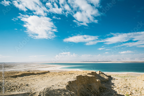 Dead Sea coastline with beach at sunny day, Jordan