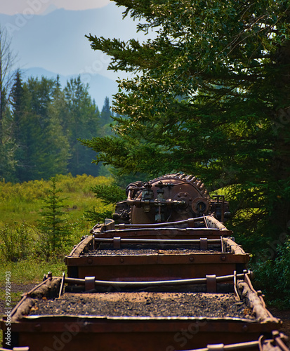 Coal Mine Train in Bankhead Ghost Town. old steam locomotive. Rocky mountain ( Canadian Rockies ). Near the city of Calgary. Portrait, fine art. Banff National Park, Alberta, Canada: August 2, 2018