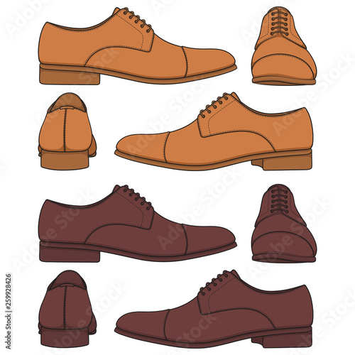 Set of colored illustrations with classic mens shoes. Isolated vector objects on white background.