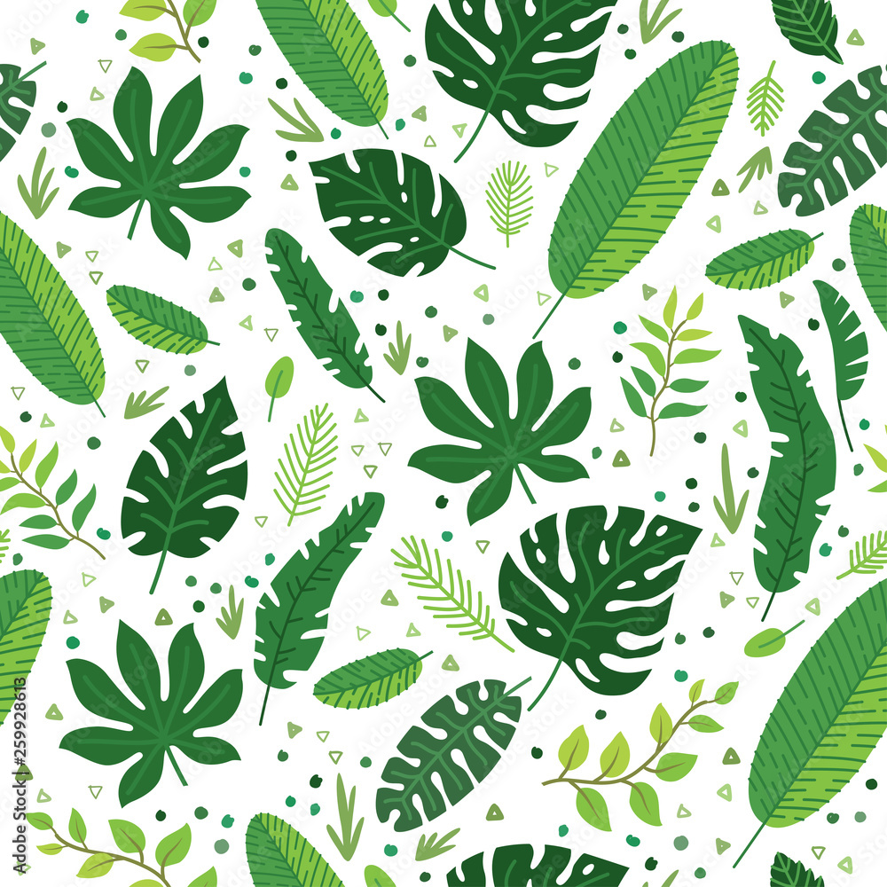 Tropical leaves vector pattern. Summer equatorial rainforest with foliage Tropical leaves vector pattern. Summer equatorial rainforest with foliage