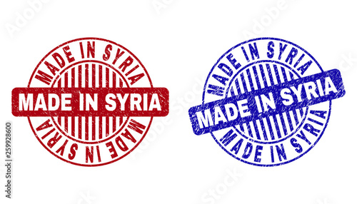 Grunge MADE IN SYRIA round stamp seals isolated on a white background. Round seals with distress texture in red and blue colors.