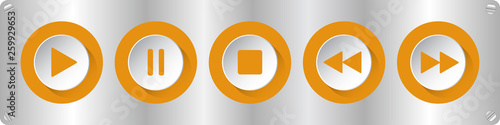 orange, white music control buttons with screws