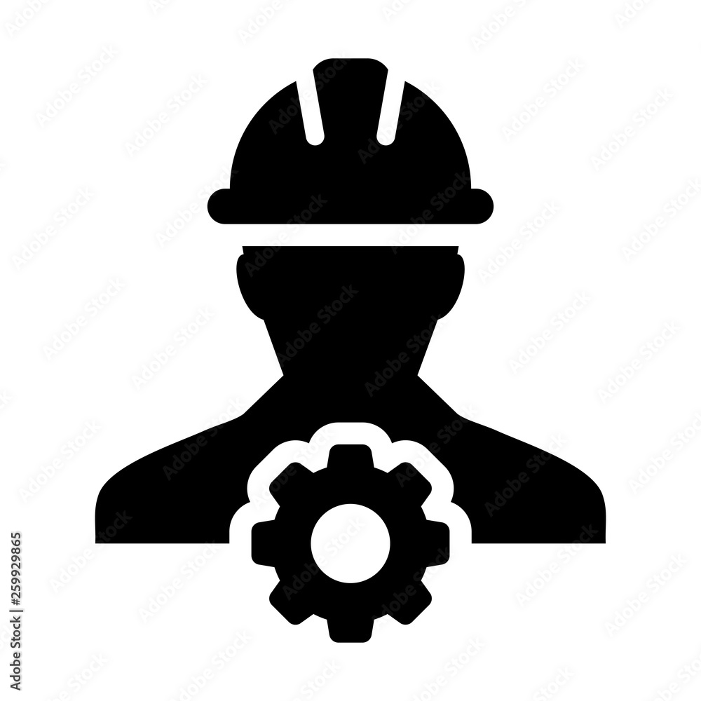 Service icon vector male construction worker person profile avatar with gear cogwheel and hardhat helmet in flat color glyph pictogram illustration Service icon vector male construction worker person profile avatar with gear cogwheel and hardhat helmet in flat color glyph pictogram illustration