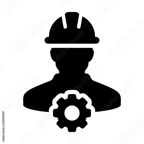 Craftsman icon vector male construction worker person profile avatar with gear cogwheel and hardhat helmet in flat color glyph pictogram illustration