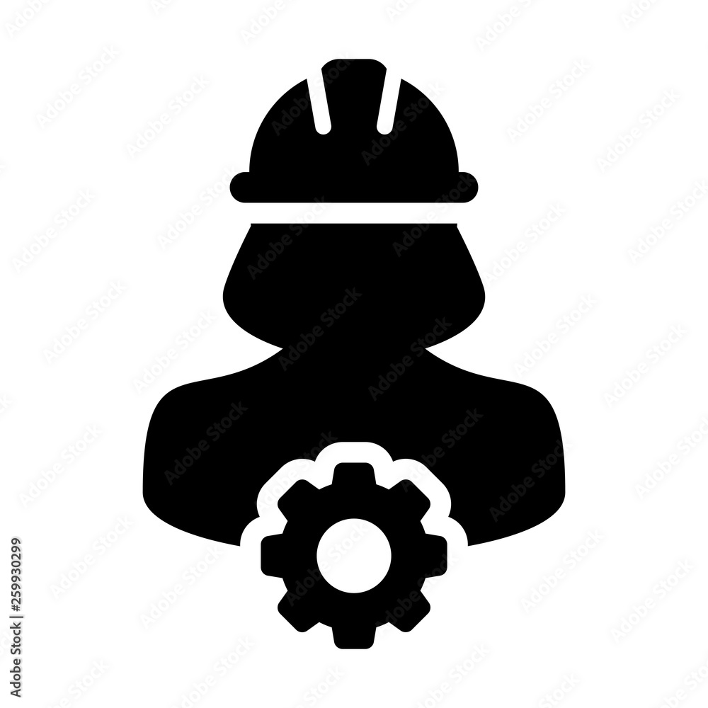 Mechanic icon vector female construction worker person profile avatar with gear cogwheel and hardhat helmet in flat color glyph pictogram illustration Mechanic icon vector female construction worker person profile avatar with gear cogwheel and hardhat helmet in flat color glyph pictogram illustration