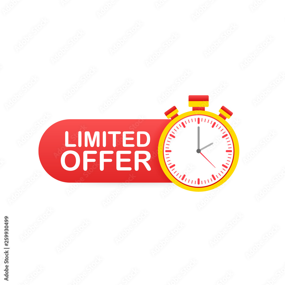 Limited Offer Labels. Alarm clock countdown logo. Limited time offer badge. Vector illustration. Limited Offer Labels. Alarm clock countdown logo. Limited time offer badge. Vector illustration.