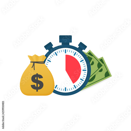 Quick credit. Clock and bag, time is money, fast loan, payment period, savings account. Vector illustration.