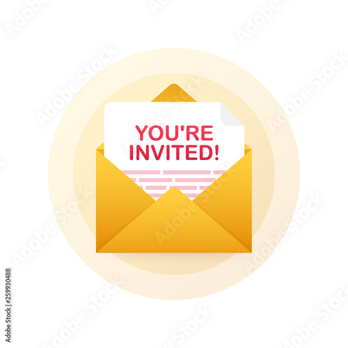 You're invited! Badge icon. Written Inside An Envelope Letter. Vector illustration.