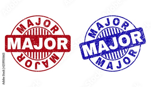 Grunge MAJOR round stamp seals isolated on a white background. Round seals with grunge texture in red and blue colors. Vector rubber imprint of MAJOR tag inside circle form with stripes.